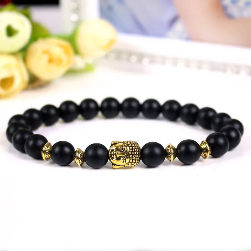 High Quality Natural Matte Crystal Beads Gold/Silver Buddha Head Men Bracelets Shiny Agate Stone Buddhist Men Beads Bracelet