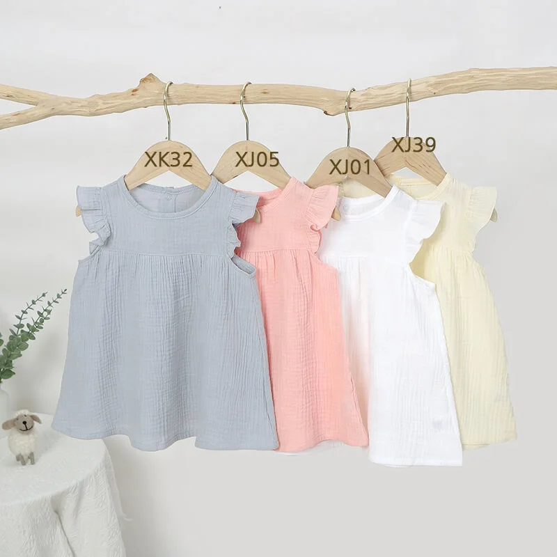 Frill Hem 100% Organic Cotton Muslin Sleeveless Baby Girls   Dress Skirt Dress