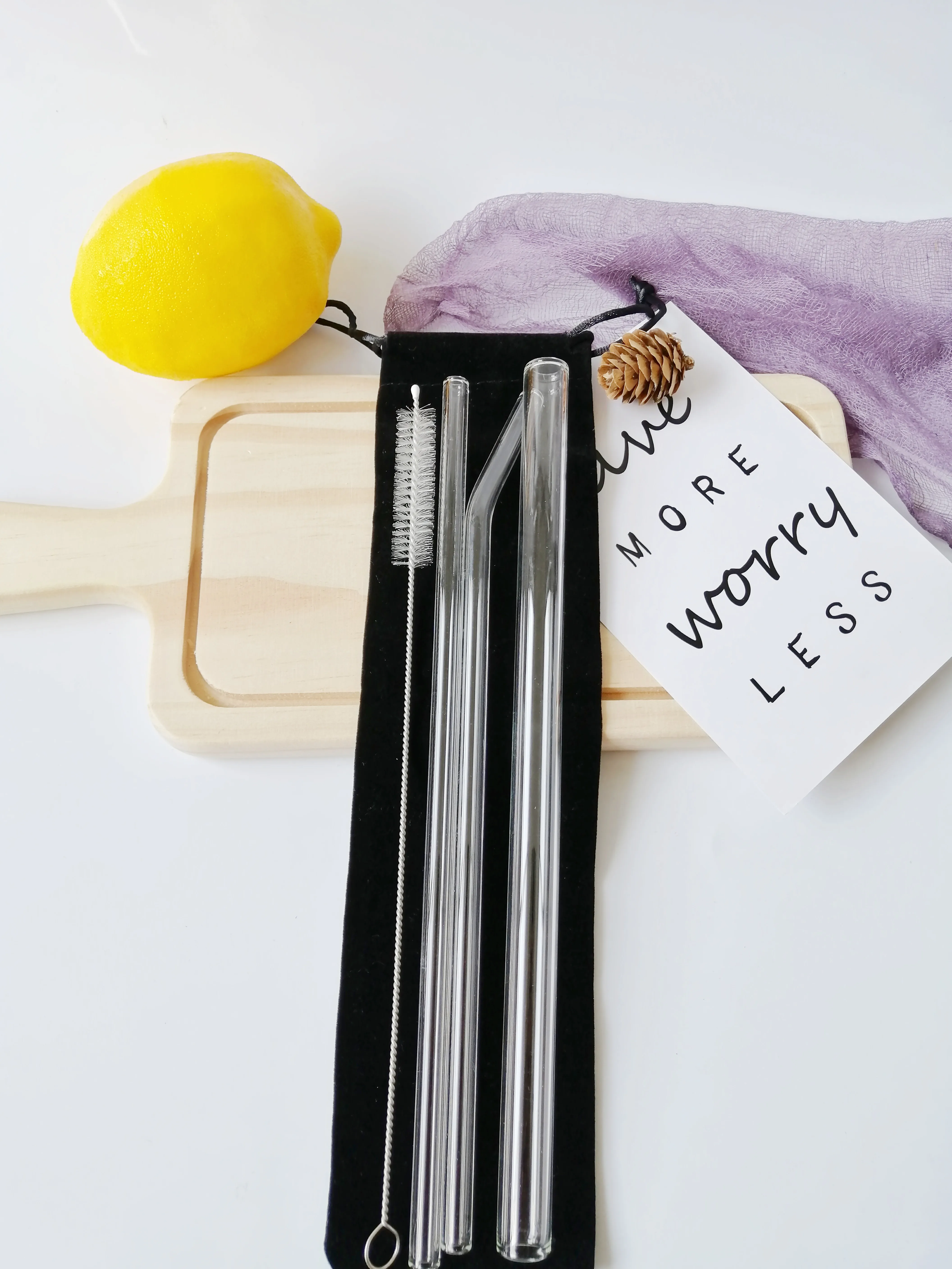 Reusable Glass Straw  3+1 Set  Eco Friendly Borosilicate Glass Drinking Boba Straw 14mm with  Pouch Bag Printed