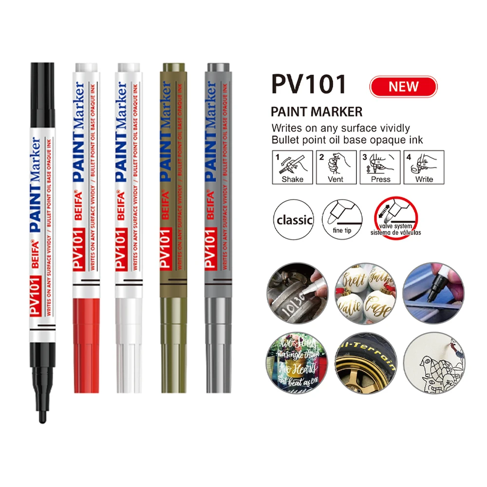 BEIFA PV101 Valve System Bullet Tip 8 Colors Wear-Resistant Oil Based Opaque Ink Pen Written on Tyre Glass Metal Paint Marker