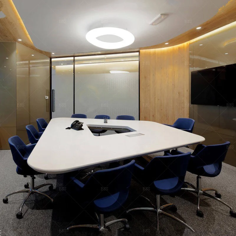 Malta OEM Marvelous Multifunction Pop-Up Box Pure White Artificial Marble Top Big Office Boardroom Table Conference