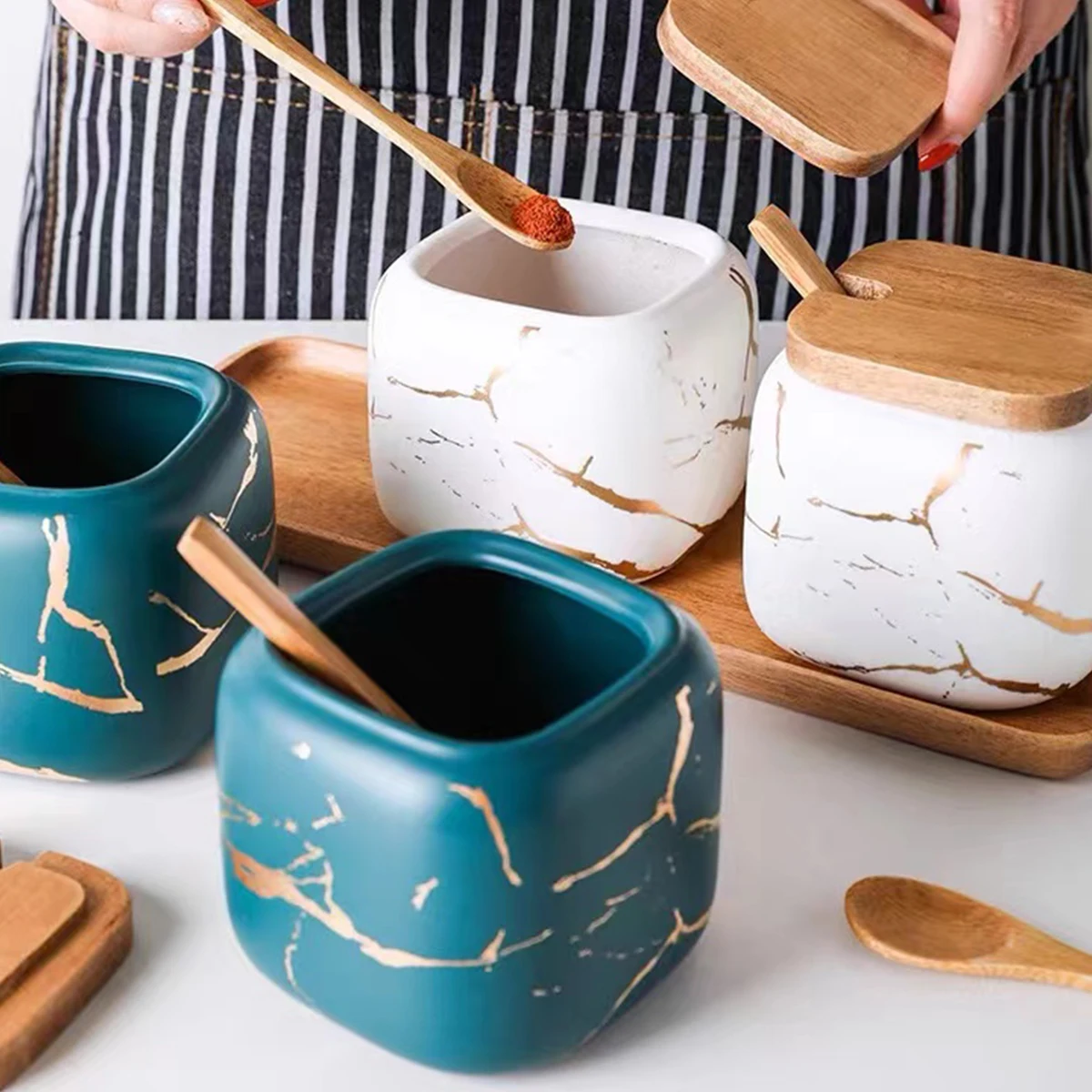 Custom nordic luxury marble ceramic kitchen salt sugar pepper seasoning jar spice jar set with wood lid and tray