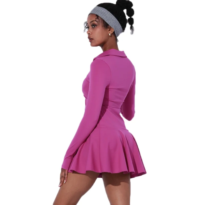 Quick dry long sleeved tight short skirt yoga exercise dress fitness set