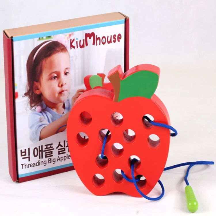 Montessori Wooden Lacing Watermelon Threading Toys Big Apple Threading Fruits