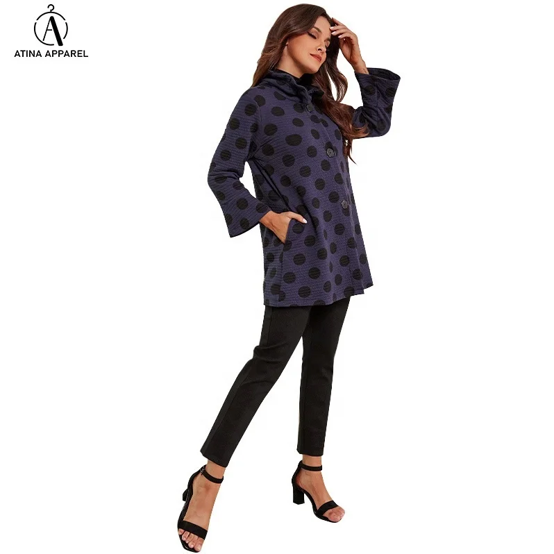 New arrival Woman winter coat polka dot wire neck and bell sleeve coat with front button side pocket