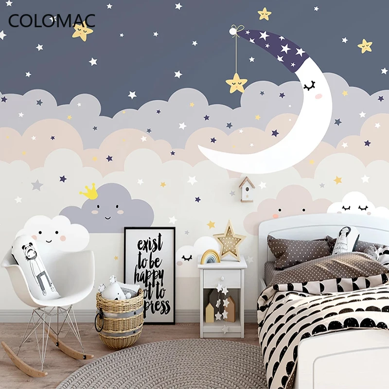 Custom Mural 3D Hand Painted Starry Sky Clouds Moon Stars Cartoon Children Room Princess Room Bedroom Photo Wallpaper Kids Room