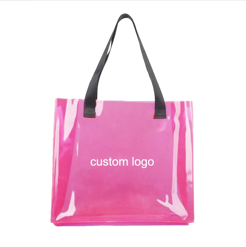 Custom fashion eco friendly cheapest high quality transparent little neon pink pvc tote bag