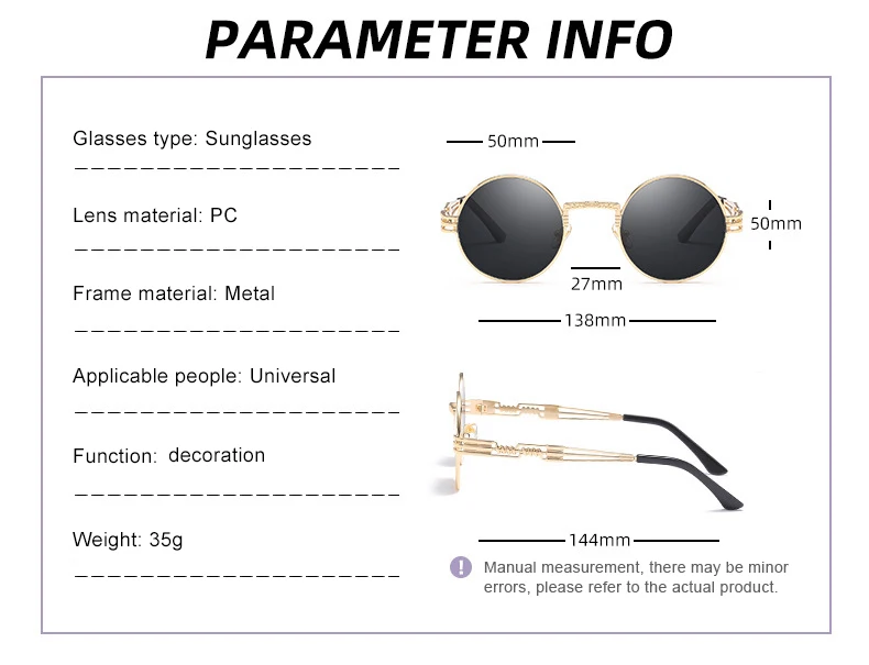 Gothic Steampunk Round Sunglasses Men Women Alloy Eyeglasses Circle Shape Brand Designer Sun glasses Mirror High Quality UV400