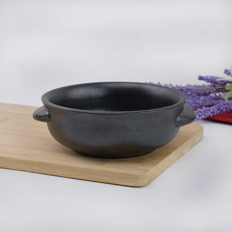 High Quality Ceramic Double Ears Cute Instant Noodle Soup Salad Bowl corn soup container with two handle black