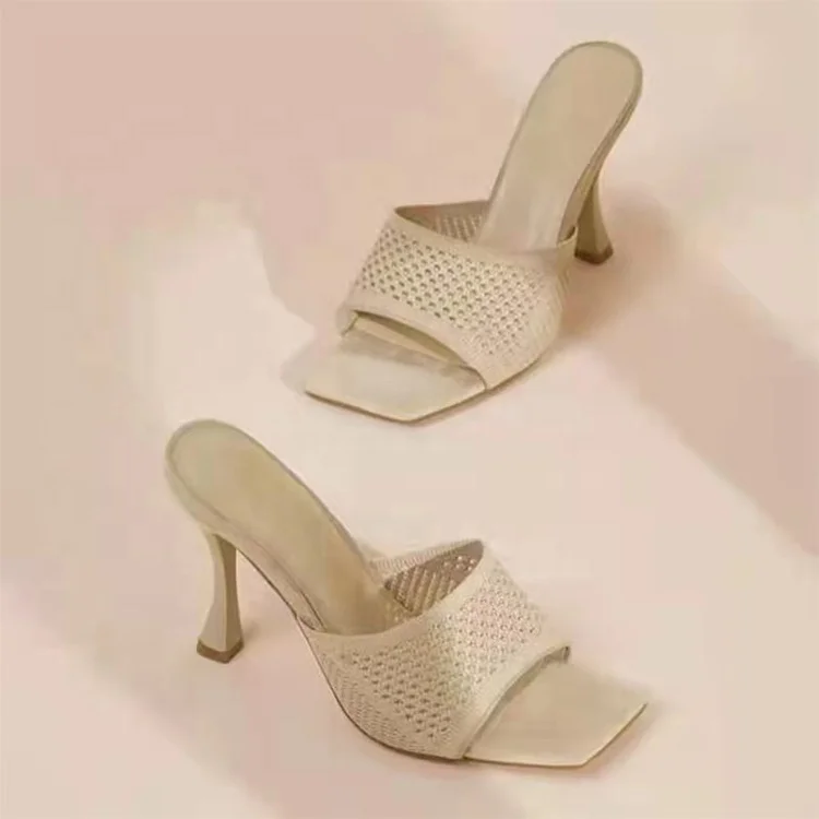 New 2022 Square Open Toe Sock Knitted Women Heels Fashion Ladies Unique Heels