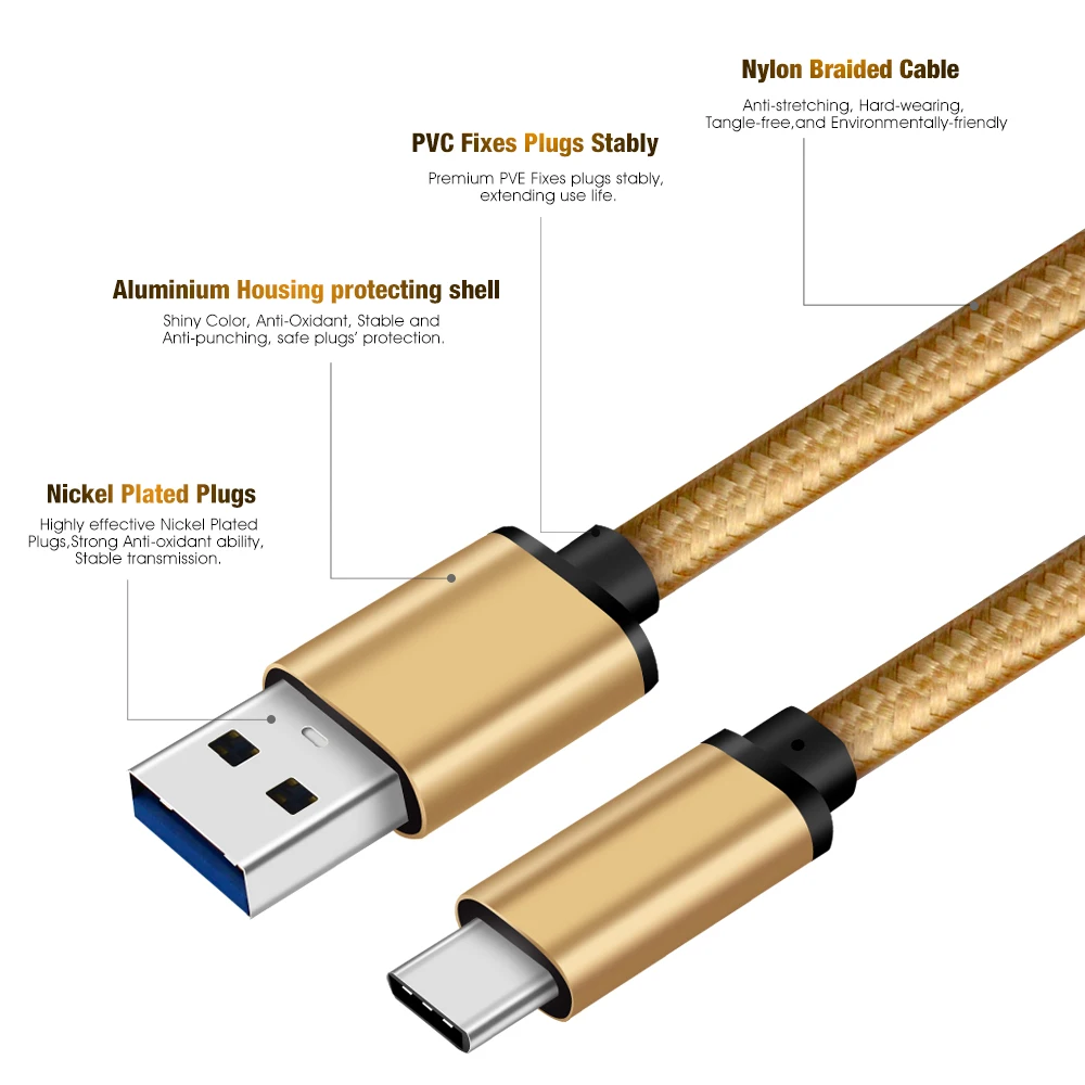 Оптовая продажа в наличии нейлоновый плетеный кабель usb c 3A 60w type для быстрой зарядки и передачи данных к кабелю 3