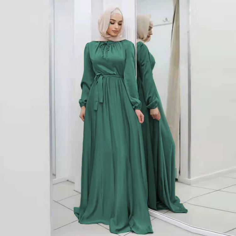 New Soft Waistband Elegant Satin Long Skirt Big Swing Muslim Dress For Women