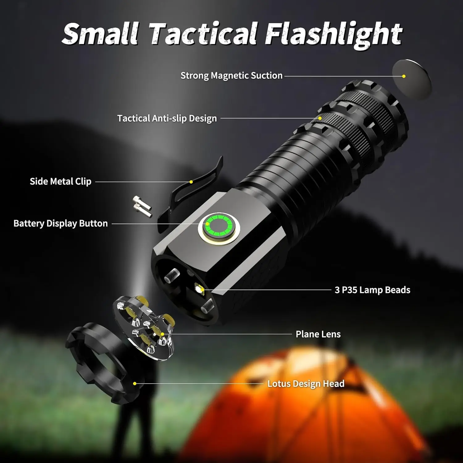 Super Bright 5000 Lumen 3 LED Tactical Flashlight Small Powerful P35 Torch With Side Metal Clip and Strong Magnetic Tail