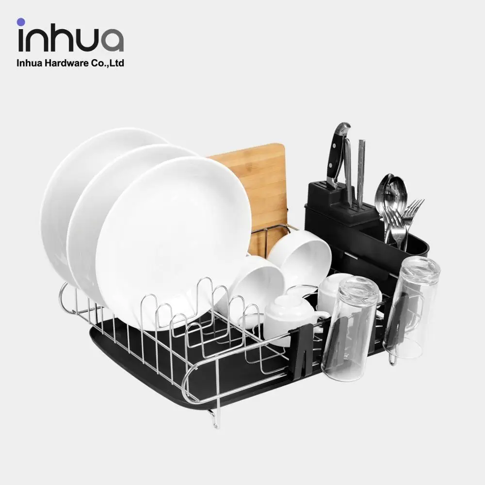 
Amazon hot selling 304 stainless steel storage holders rack dish drainer kitchen dish rack with accessories black 
