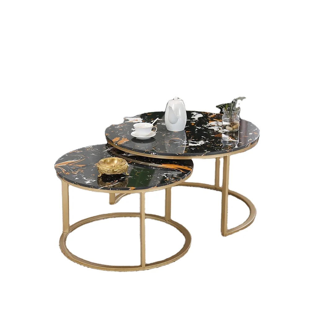 Luxury Round Coffee Table Sets Living Room Metal Stainless Steel Frame Rose Gold Marble Top Sofa Side Table