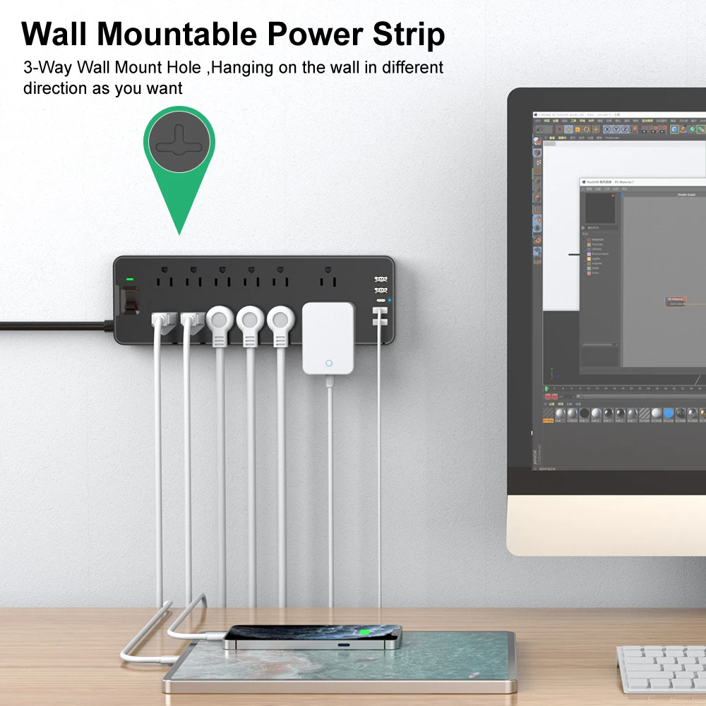 5USB 12 AC outletspower полосы от перенапряжения переменного тока настенного крепления 15A защита от перегрузки розетки с USB C 6ft удлинитель