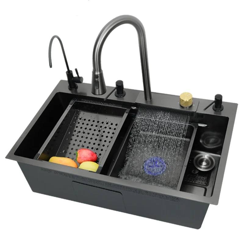 NEW Style Waterfall Kitchen Sink 304 Stainless Steel Sink Digital Display Large Single Slot Sink With Waterfall Faucet