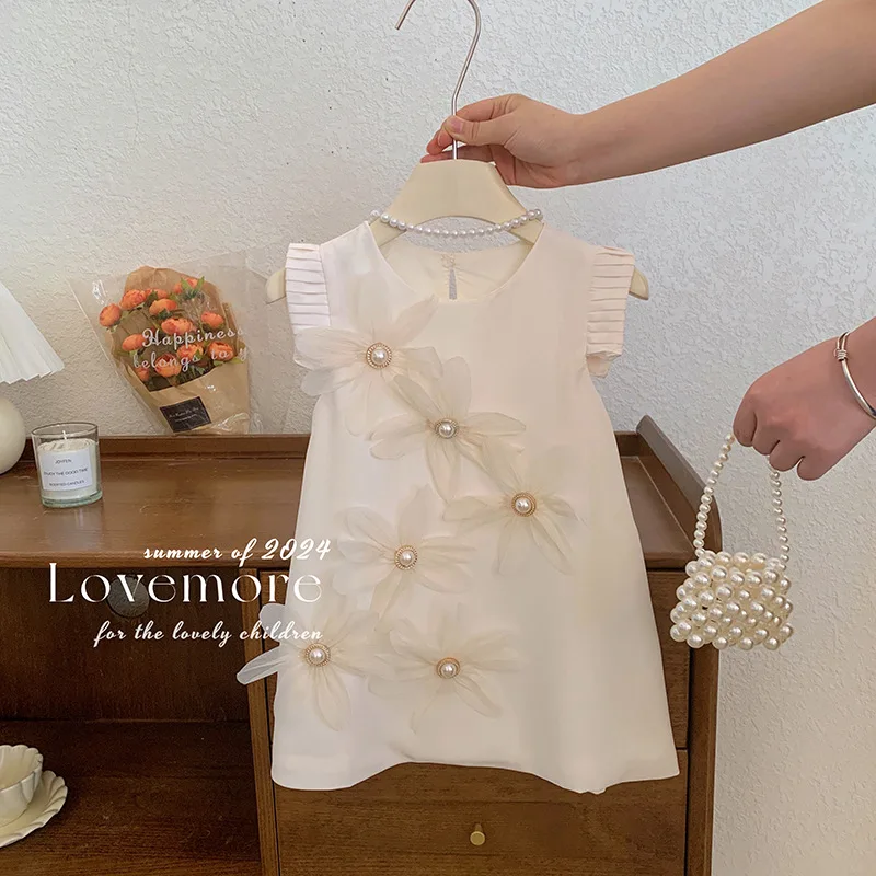 2024 New Fashion Toddler Girl Pearls Flowers Sleeveless Beige Dress 2-6 Years