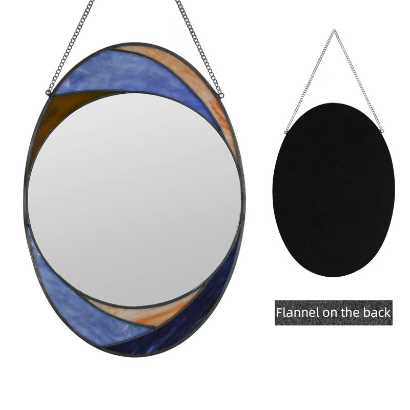 Vintage oval Blue orange and brown  inlad metal wall hanging mirror with chain
