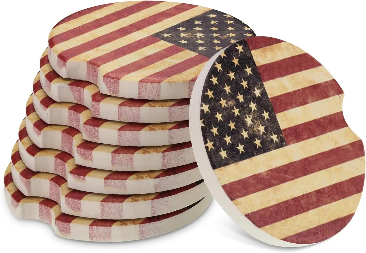 8 Packs USA Flag Cup Coasters Ceramic 2.56 Inch Stone Car Cupholder Absorbent Coaster Set for Drinks Cup (Red)