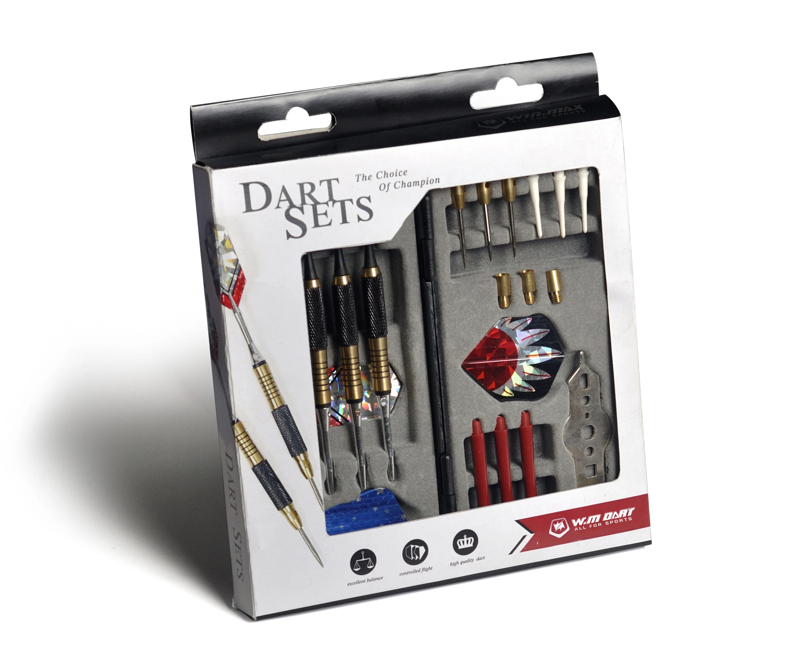 Win.max plastic soft and steel tips darts set case with custom dart flights and nylon shafts