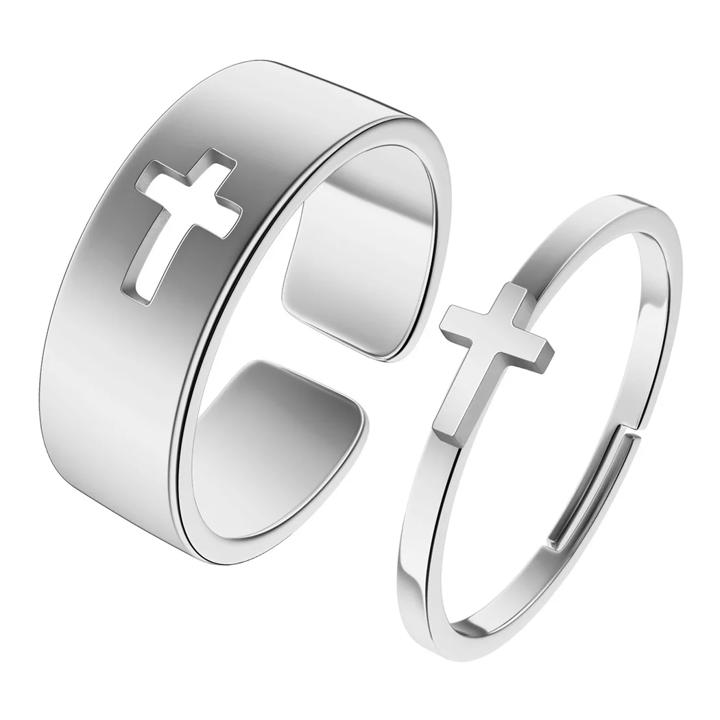 Punk Hiphop Trendy Stainless Steel High Polished 18K Gold Plated Couple Hollow 2pcs/set Heart Cross Ring For Men And Women