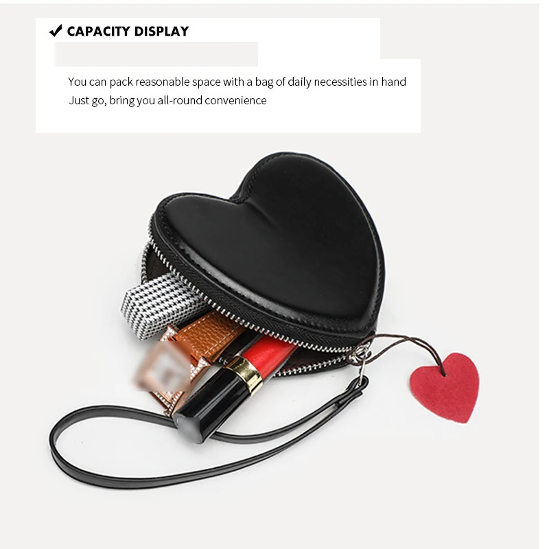 Hot Sale Vegan Smooth Leather Heart Shape Coin Purse Mini Cute Wallet With Wristlet Zipper Coin Purse for Lady