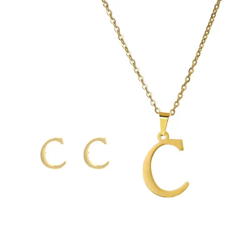 Best Sell Customizable Stainless Steel Cross Chain 26 English Letters Pendant Necklace Earring Set for Women