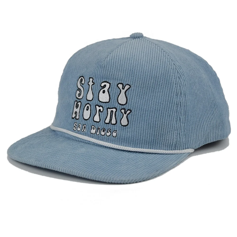 Customized Patch Logo Custom Corduroy Hip Hop Plain Baseball Hat 100% Cotton 5 Panel Gorras Snapback Cap With Rope