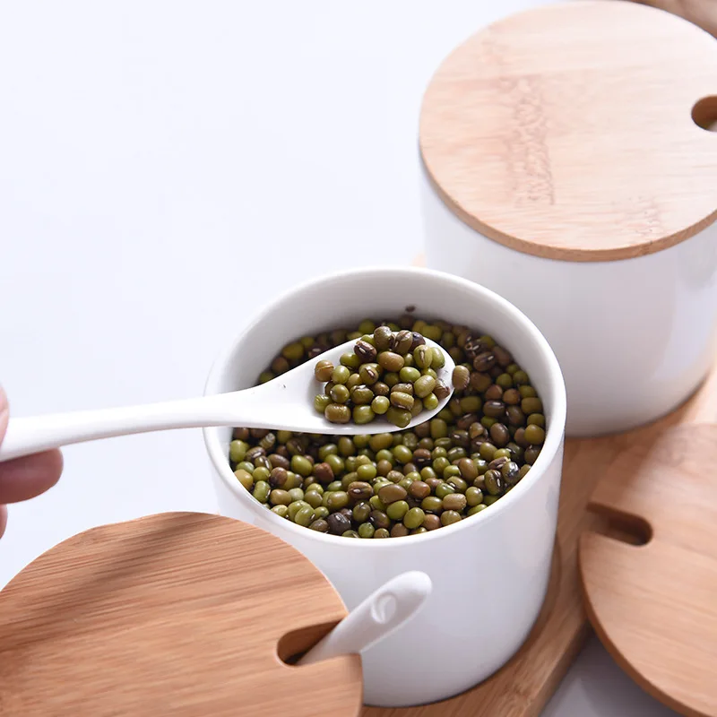 Nordic Kitchen Creative Ceramic three-piece set of Seasoning Jars With Spoon and Wooden Tray