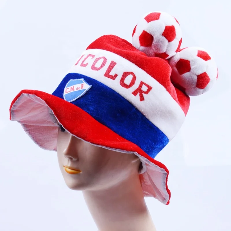 Wholesale Argentina Plush Fabric Football Hats with 3 min plush ball  Fans Carnival Hat