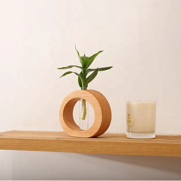 Desktop Wooden Vases Glass Tube Flower Bud Vase Hydroponic Home Decor With Solid Wood Frame