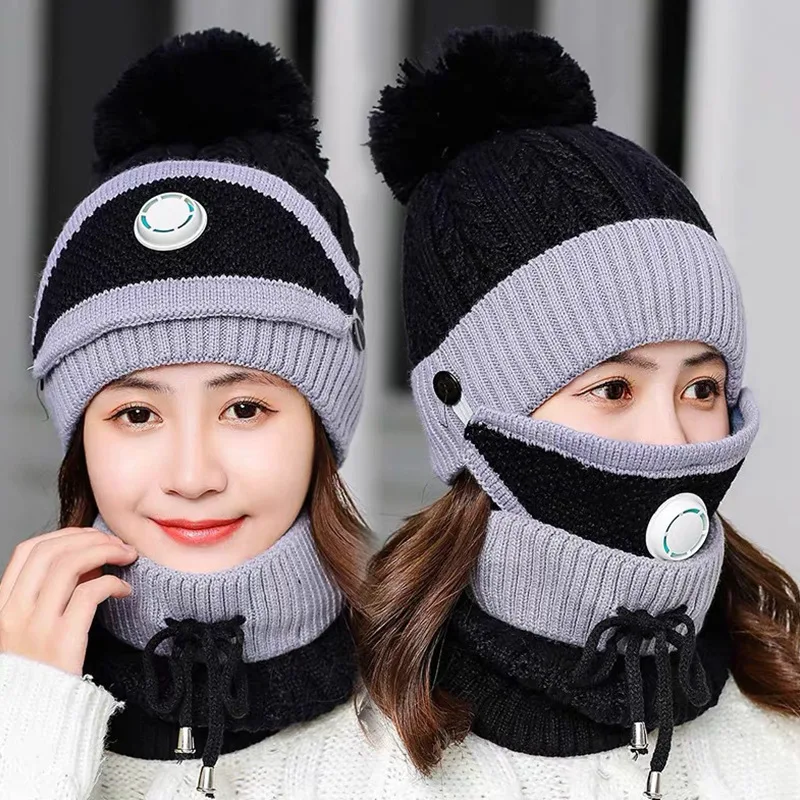 Women Scarf Hat Set Warm Infinity Scarf Pom Pom Beanie Hat Snow Ski Cap Winter Hats with Breather Valve Knitted Keep Warm