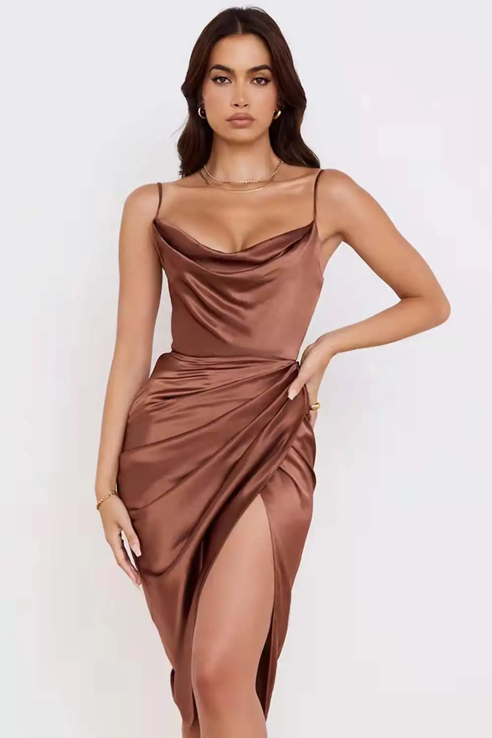 Ladies sexy satin pile neck pleated halter strap evening dress