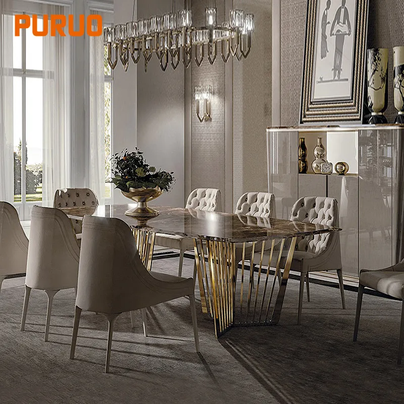 Modern marble top dining table and fabric dining chairs for modern dining table set