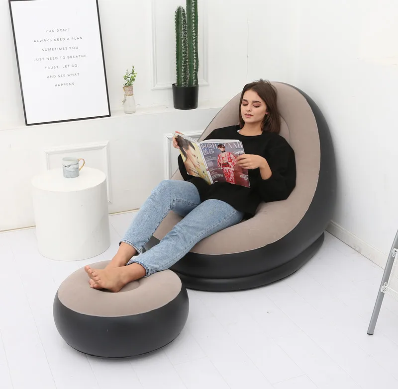Inflatable Sofa With Ottoman Footstool Lazy Sofa Bed Outdoor Garden Furniture Portable Single Focking Sofa Living Room Furniture