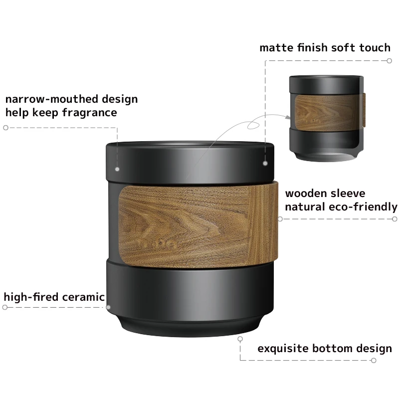 DHPO Japanese Style 4 Cups Set Portable Matte Black Ceramic Coffee Tea Mug with Wooden Sleeve Porcelain Cups