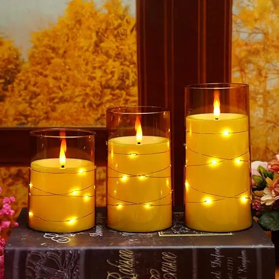 Wholesale Gold Acrylic set of 3 3d real flame battery operated led plastic flameless candle with embedded star string light