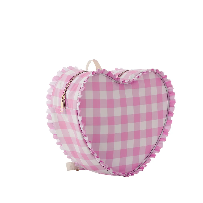 Small Cute Girls Striped Plaid Travel Ladies Personalized Gingham Heart-Shaped Duffel Bag Backpack