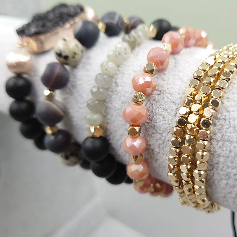 Gypsy and Boho Gold Beads Stacked Bracelet,Natural Black Druzy With Black Lace Agate Beaded Bracelet Set,Gifts for Her