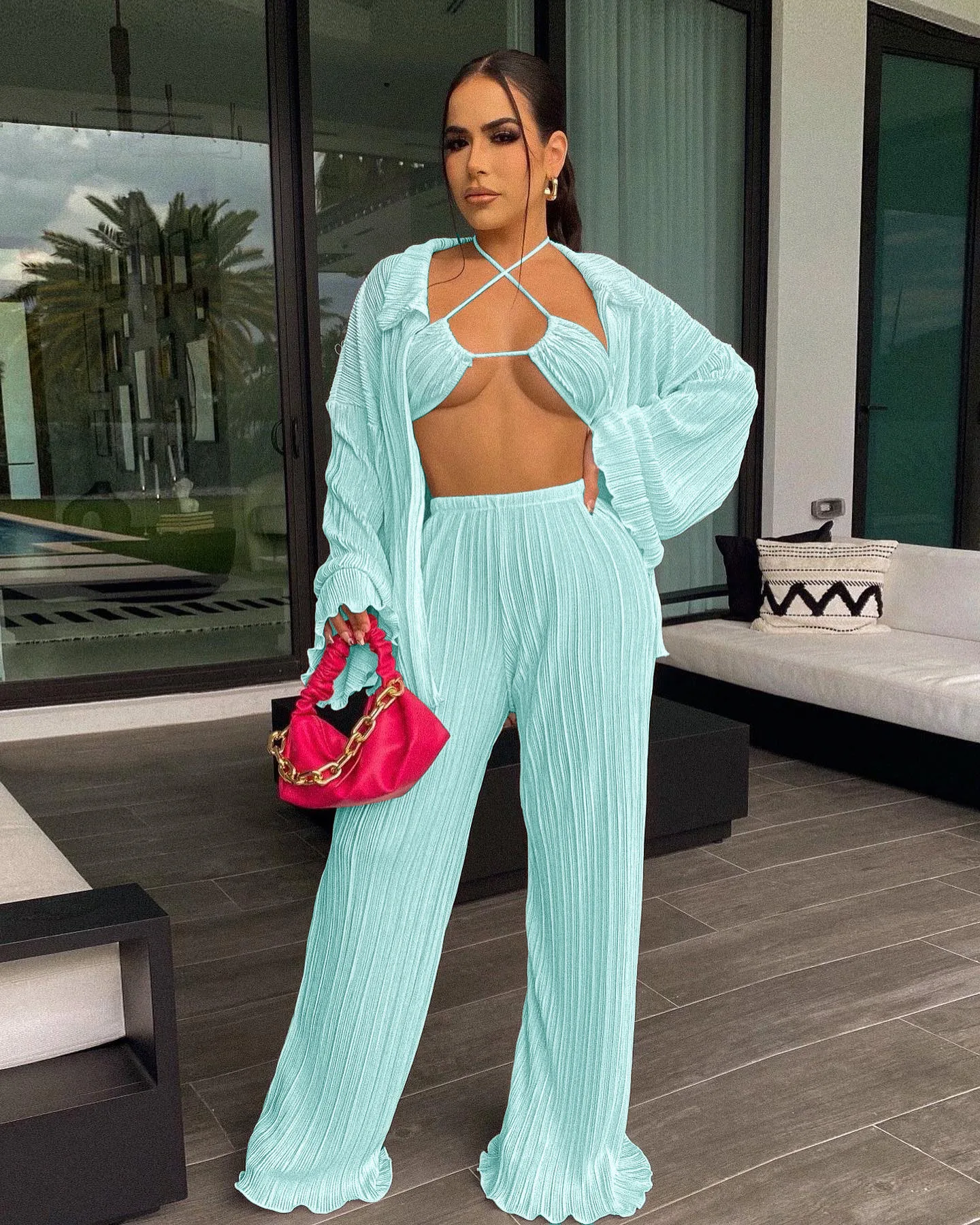 Lounge wear 3 piece set solid color plus size set for ladies trendy product 2022 women clothing