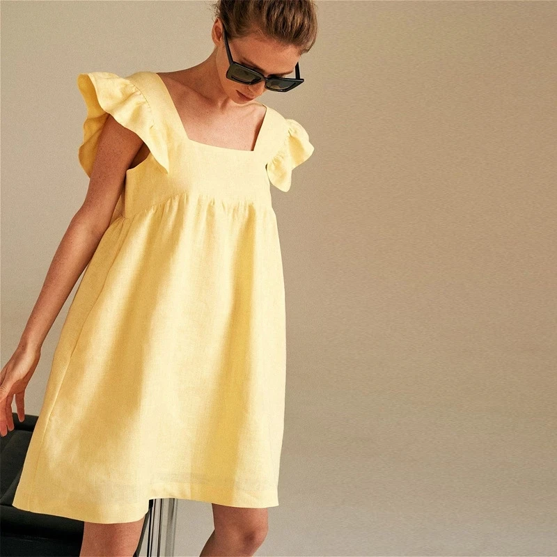customize low MOQ factory wholesale Summer Clothes Sexy Square Neck Solid Color Sexy Women Cute Dress Elegant Vestidos