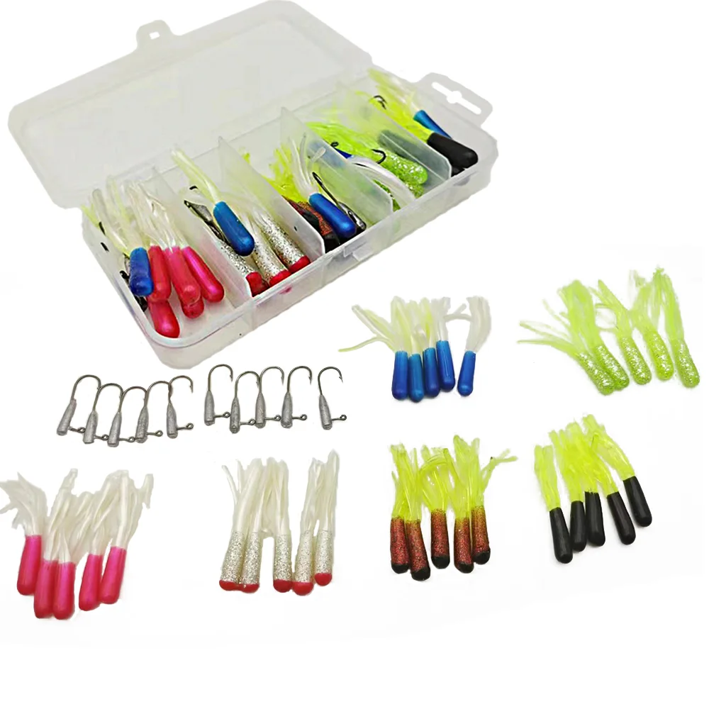 1 set 30pcs Tube Worms Skirt Rooster Tail Soft Fishing Lures 10 pcs lead hook Plastic Artificial Fishing Bait for More Catch