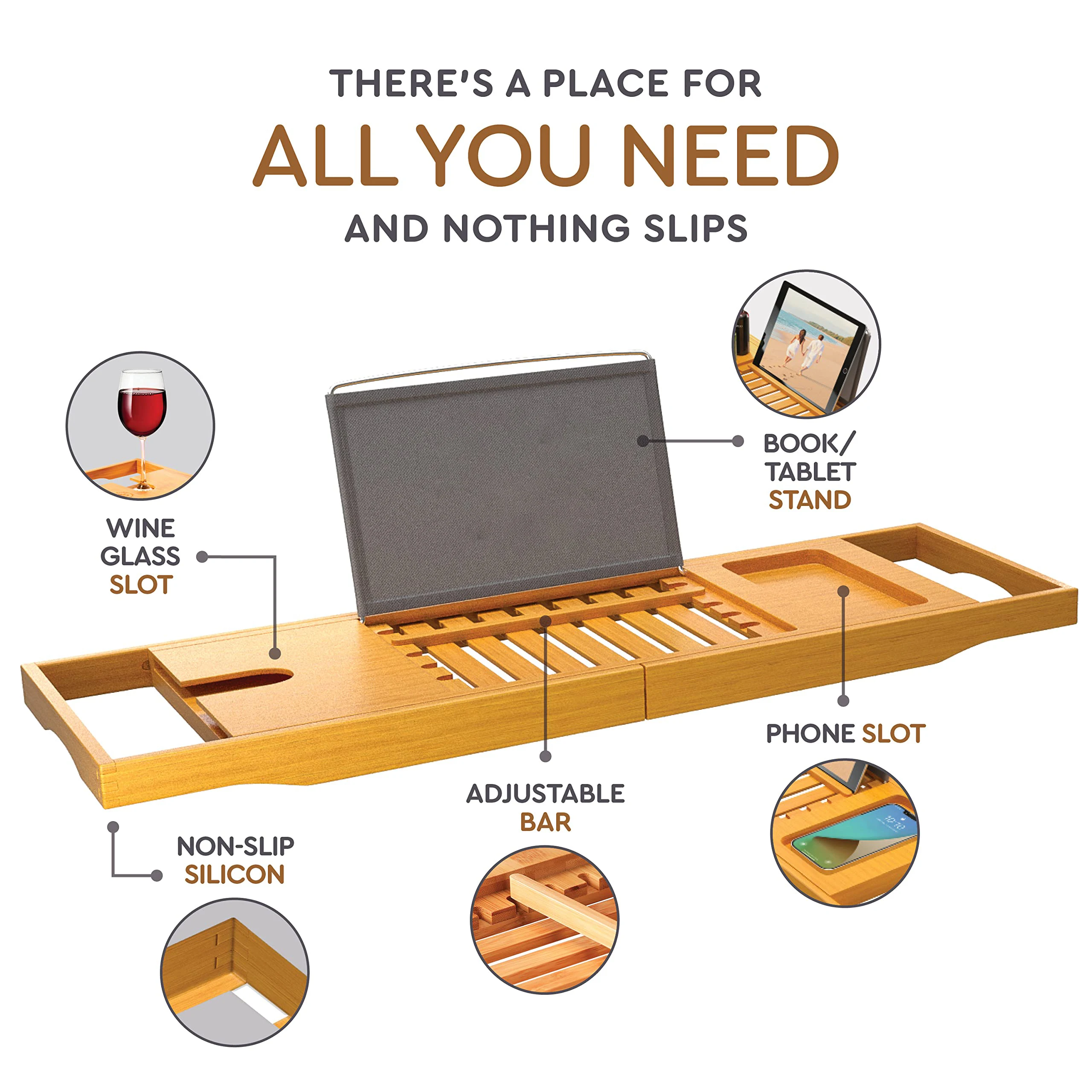 Multifunctional Bathroom Accessories Bamboo Bath Shower Bathtub Caddy Tray