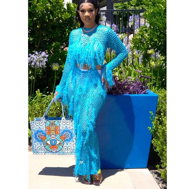 GX8691 Fashion Street Party Wear Boutique Long Sleeve Knitted Hollow Beach Dresses Tassel Sequin See Through Crochet Long Dress