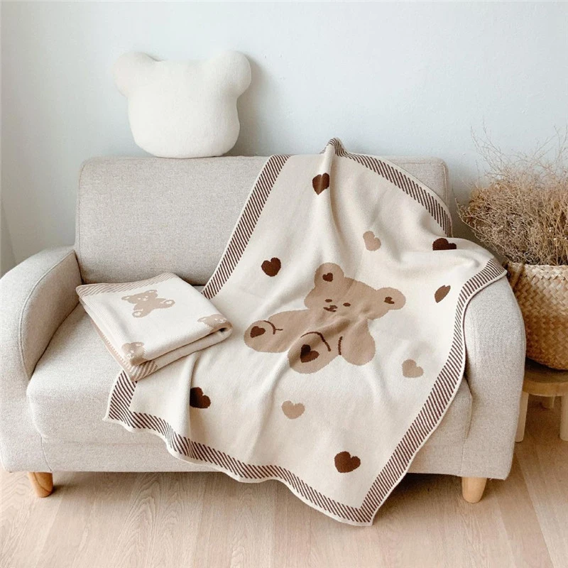 2023Hot Sale Wholesale Price Baby Blanket 100% Cotton Solid Color Newborn Baby Animal  Knitted Bear Blanket Super Soft