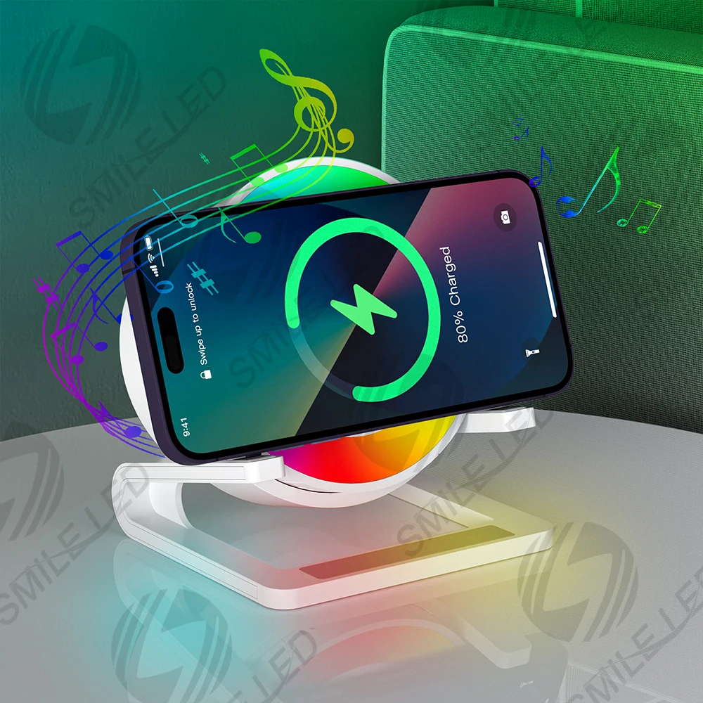 Dimmable RGB Night Light Stereo BT Speaker QI 15W Fast Charge Wireless Charger Speaker Stand