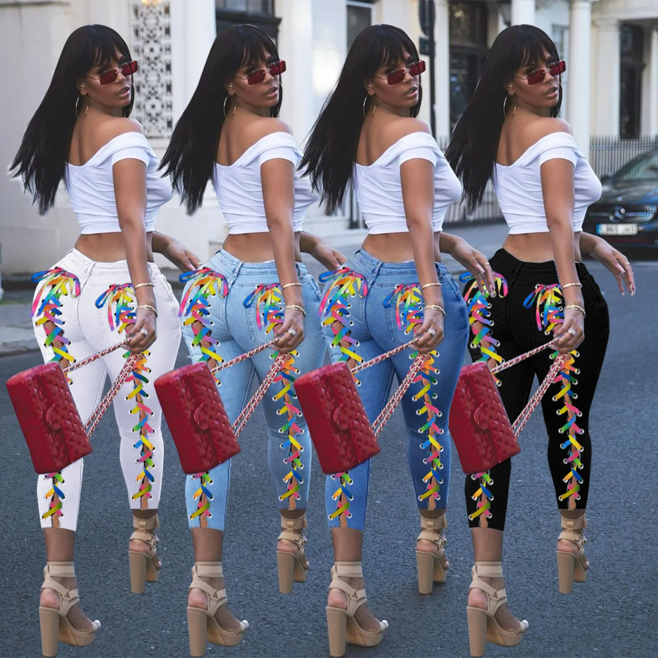 Hot Style Women Rainbow Color Bandage Jeans With Strings Skinny Jeans