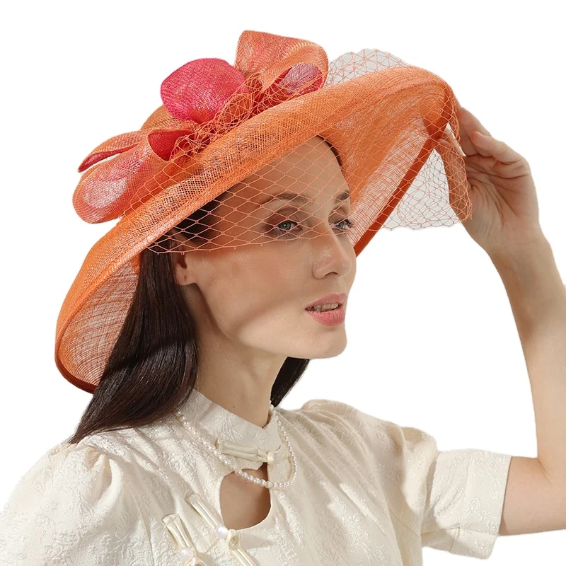 fashion chic Women orange sinamay UV protection sun hat wide brim Kentucky Derby Church wedding Party mesh veil hat