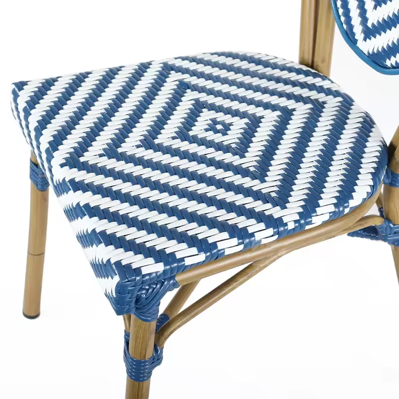 Patio Stacked French wicker Rattan Woven Cafe chairs French style Blue and white rattan woven bistro chairs for outdoor use